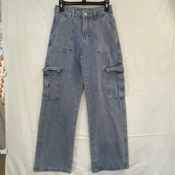 SHEIN Denim - SheIn Jeans Womens 4 Light Wash Blue Cargo Wide Leg High Rise‎ Relaxed Denim